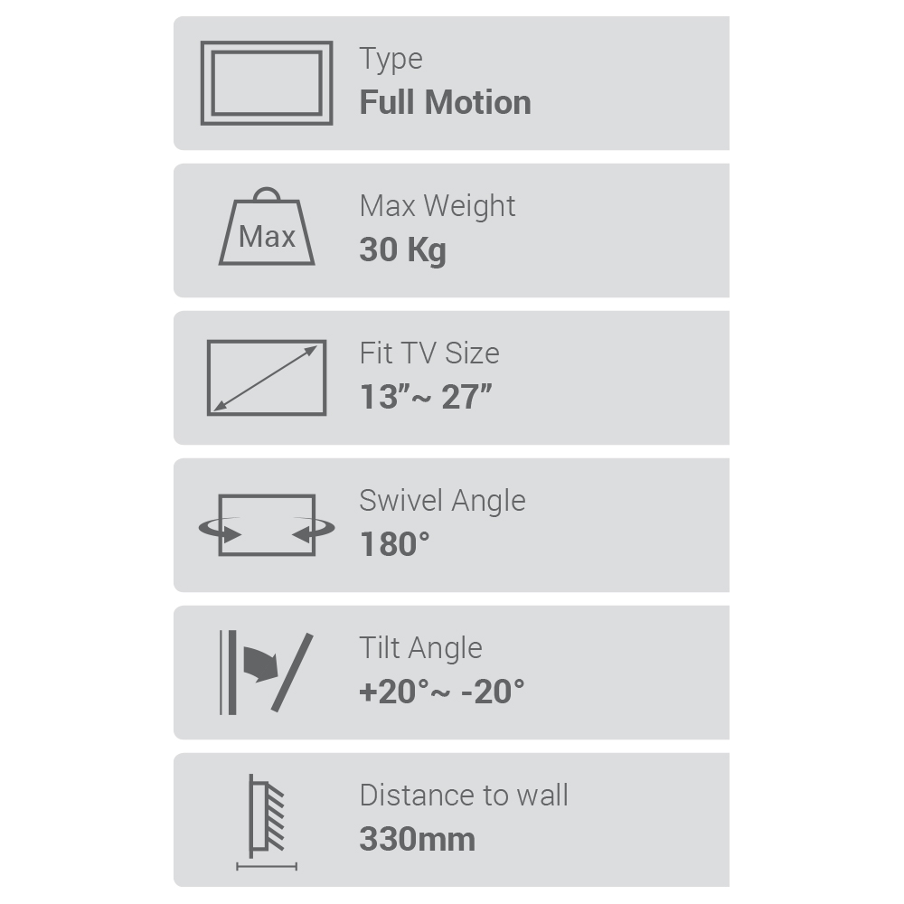 Flat Screen Wall Mount - Full Motion 13"-27" 30kg (TVARMLCD02) - Image 4