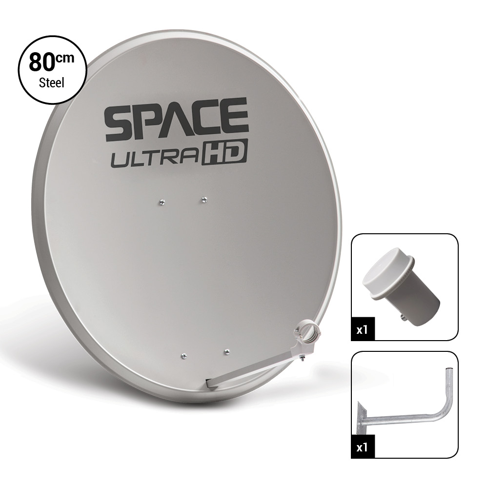 Space UltraHD 80cm Steel Dish with Single KU Band LNB & 400mm Wall Bracket - DK08-PRO