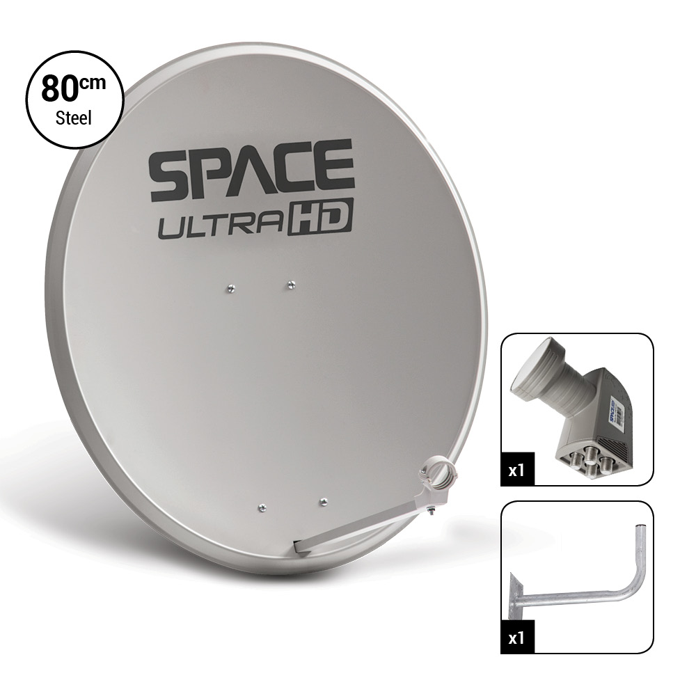 Space UltraHD 80cm Steel Dish with Universal Quad LNB & 400mm Wall Bracket - DK08-Q-PRO