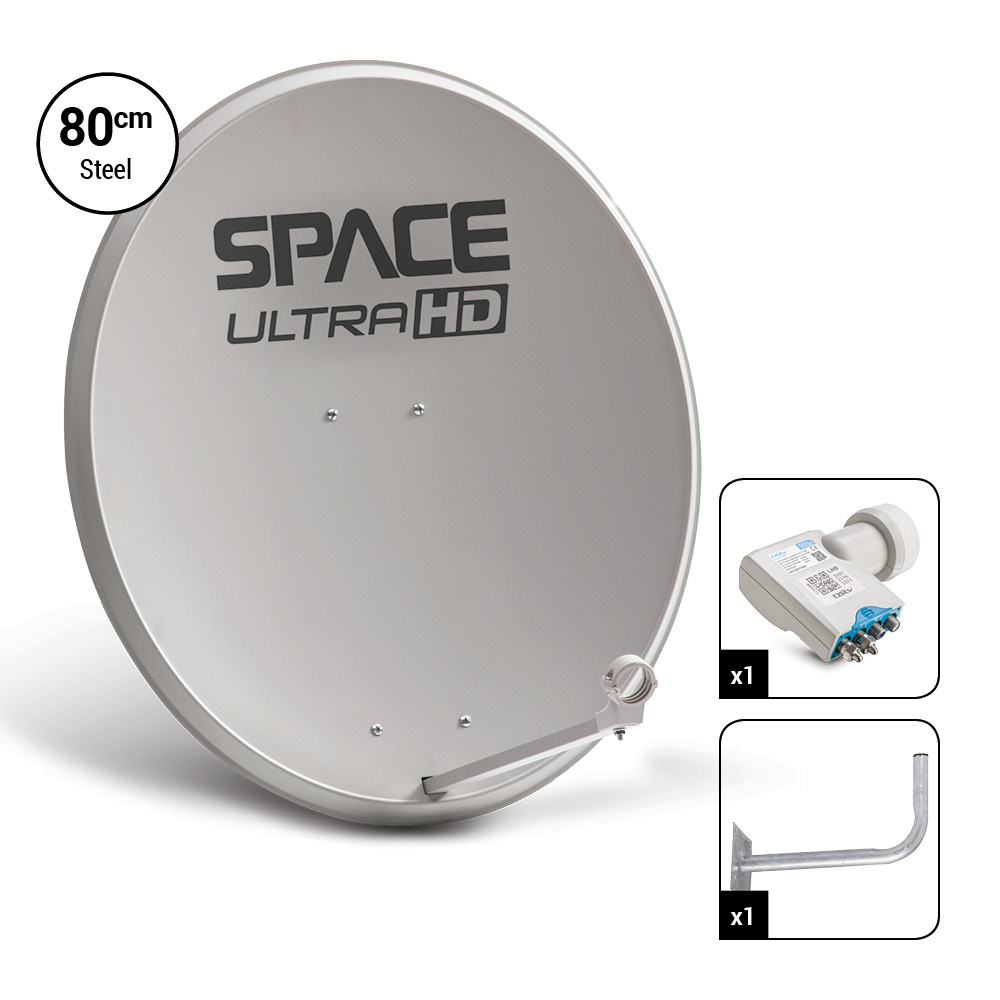 Space UltraHD 80cm Steel Dish with 3 UniCable Smart LNB & 400mm Wall Bracket - DK08-PRO-SMART