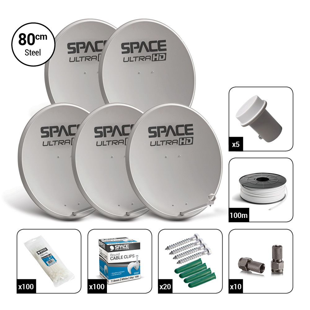 Space UltraHD 80cm Bulk Steel Dish Kit with Single KU Band LNBs & Accessories - DK08-MCVKIT-K2