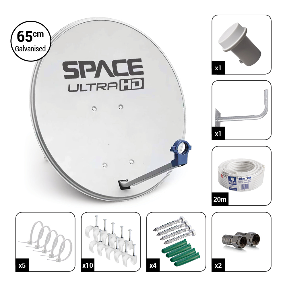 Space UltraHD 65cm Galvanised Steel Dish Kit with Single KU Band LNB & Accessories - DK65-DIY-ECO