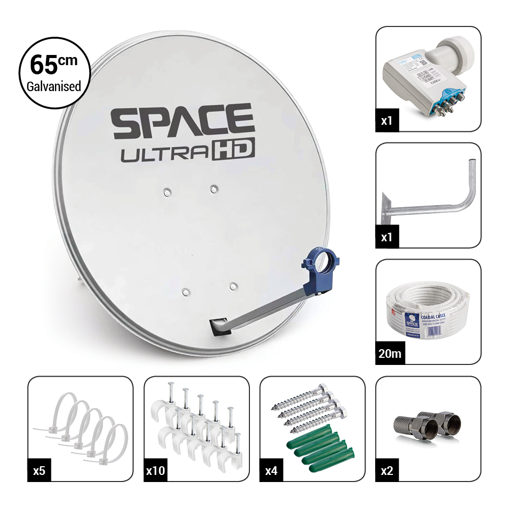 Space UltraHD 65cm Galvanised Steel Dish Kit with 3 UniCable Smart LNB & Accessories - DK65-DIY-SMART