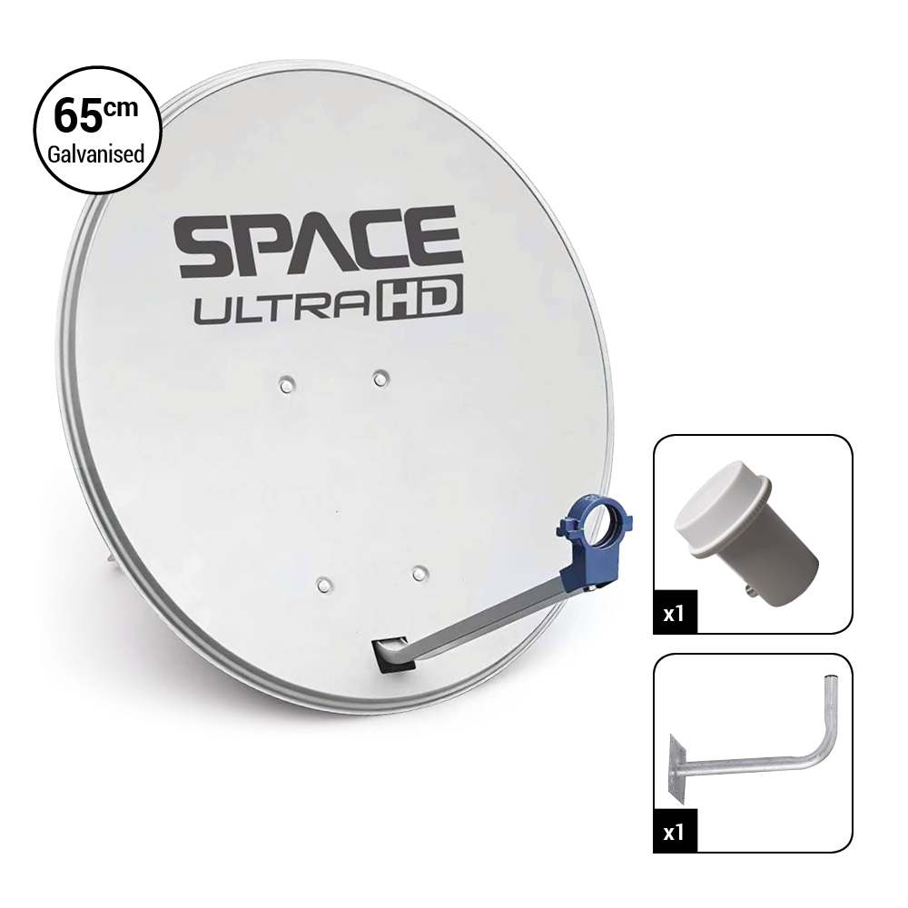 Space UltraHD 65cm Galvanised Steel Dish with Universal Single KU Band LNB & Wall Bracket - DK65-ECO