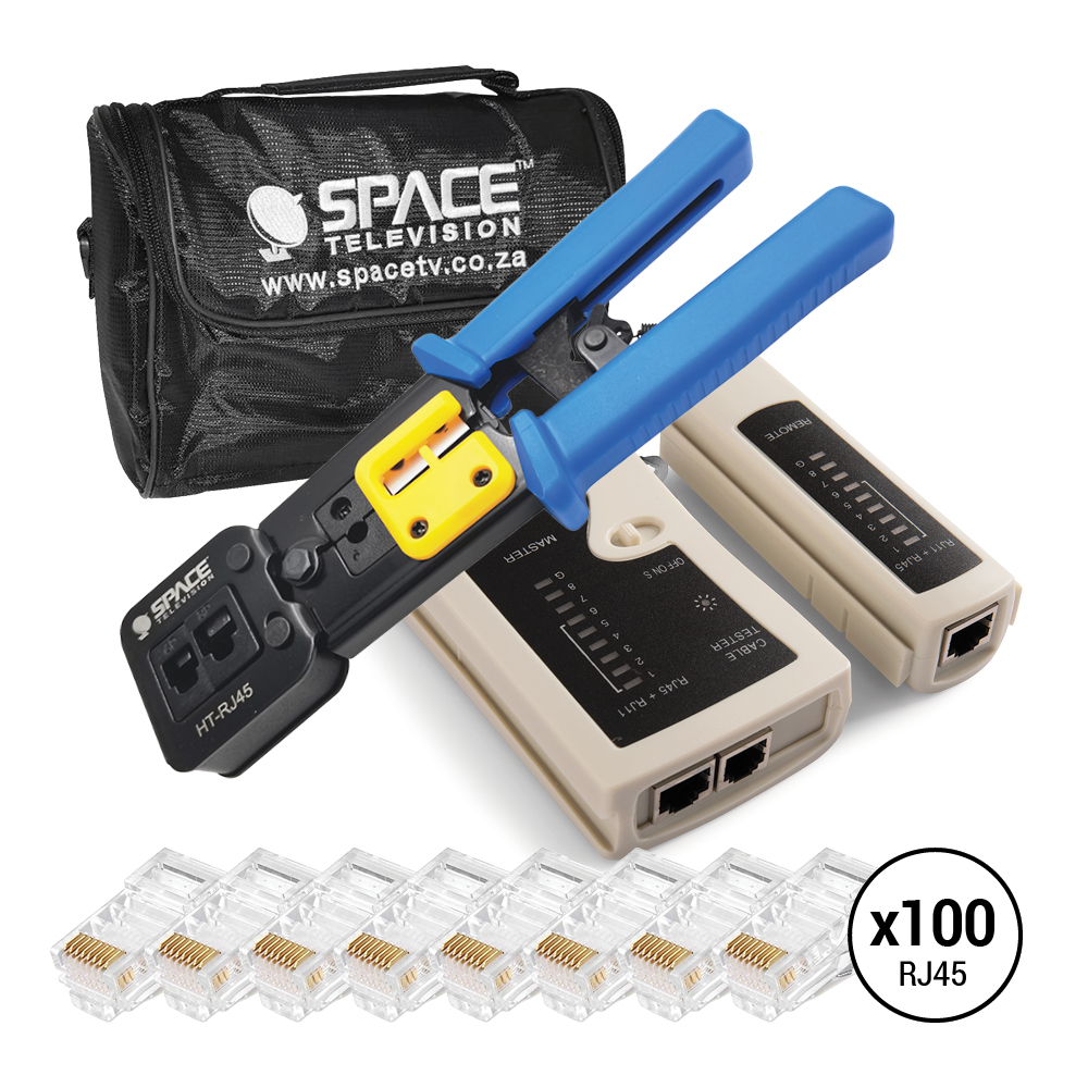 Cat5 Cat5e Cat6 RJ45 Crimper, LAN USB Tester, 100 Plugs & Installer Bag - NETWORK04